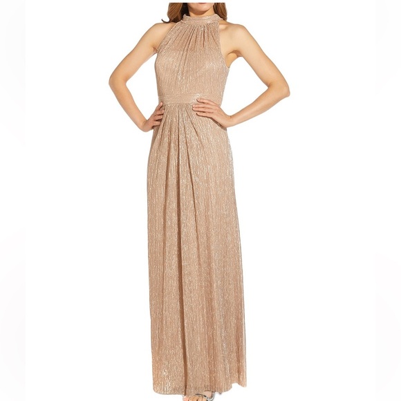 ADRIANNA PAPELL Metallic Gold Halter Neck Gown - Picture 1 of 12